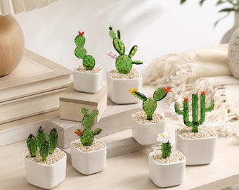 Mini Glass Cactus Plant, Handmade Style Potted Cactus Decor, Faux Succulent, Desk Decor, Office Gift, Plant Lover Gift