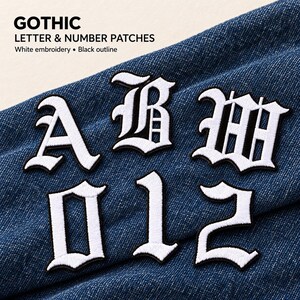 Old English Letter & Number Patches Set, Gothic Alphabet Iron On Embroidered Applique A-Z 0-9