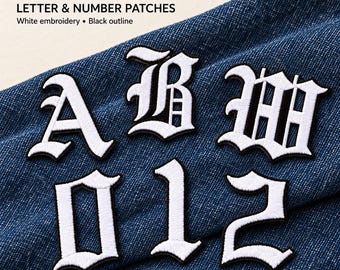Old English Letter & Number Patches Set, Gothic Alphabet Iron On Embroidered Applique A-Z 0-9