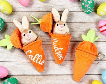 Spersonalizowany brelok z wielkanocnym zajączkiem, dwustronna pluszowa marchewka, spersonalizowany brelok z królikiem do wielkanocnego koszyka