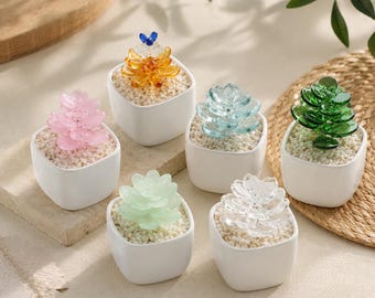 Mini Glass Succulent Plant, Handmade Style Potted Crystal Plant, Desk Decor, Shelf Decor, Cute Gift for Plant Lovers