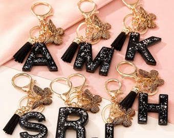 Custom Initial Keychains with Butterfly & Tassel, Personalized Glitter Letters A-Z, Cute Gift for Her