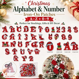 May include: A set of red iron-on patches featuring the alphabet A-Z and numbers 0-9, each decorated with Christmas-themed elements like Santa hats, bows, and reindeer antlers. The patches are displayed alongside a bag of loose pieces and a decorated tree.