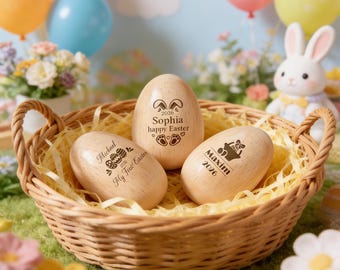 Spersonalizowany drewniany grzechotka do jajek wielkanocnych, grawerowany instrument muzyczny dla dzieci, pierwszy prezent wielkanocny dla dziecka, element do wypełniania koszyczka wielkanocnego