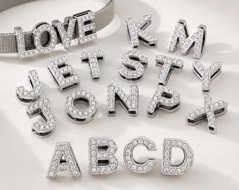 18mm Rhinestone Slide Letter Charm, Silver A-Z Alphabet Slider Bead for Mesh Bracelet, Personalized Initial Jewelry Supply