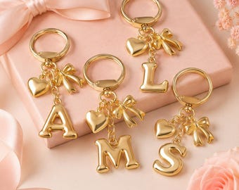 Gold Letter Keychain, Personalized Alphabet Keyring with Heart and Bow, Custom Charm Gift for Her