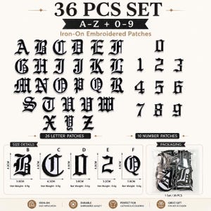 36pc Gothic Letter & Number Patches, Old English A-Z 0-9 Iron-On Embroidered Set for Jackets, Hats and Bags