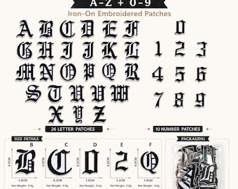 36pc Gothic Letter & Number Patches, Old English A-Z 0-9 Iron-On Embroidered Set for Jackets, Hats and Bags
