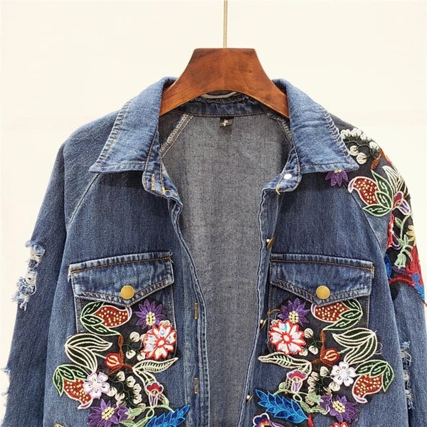 Veste en jean oversize à motif floral pour femme | Manteau ample décontracté en jean