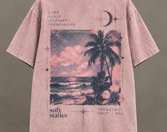 QUIETLY ONLINE: Cotton T-shirt with coastal landscape and flowers | Soft Statics