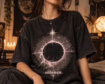 SILENCE: Oversized cotton t-shirt with eclipse and moons | Soft Statics