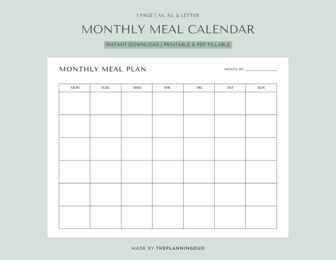 Buy Monthly Meal Plan Calendar, Printable Landscape Template, Fillable ...