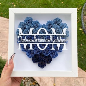 Personalized Flower Heart Shadow Box for Mom,Roses Shadowbox with Names,Custom Frame Gift for Mother's Day,Gift for Mom and Grandma Nana Navy Blue