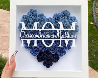 Personalized Flower Heart Shadow Box for Mom,Roses Shadowbox with Names,Custom Frame Gift for Mother's Day,Gift for Mom and Grandma Nana