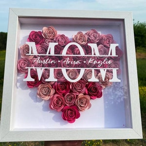 Personalized Flower Heart Shadow Box for Mom,Roses Shadowbox with Names,Custom Frame Gift for Mother's Day,Gift for Mom and Grandma Nana Watermelon Red