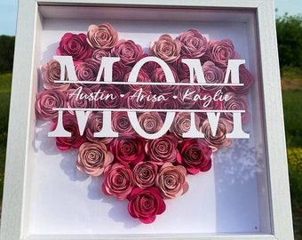 Personalized Flower Heart Shadow Box for Mom,Roses Shadowbox with Names,Custom Frame Gift for Mother's Day,Gift for Mom and Grandma Nana