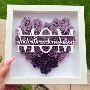 Personalized Flower Heart Shadow Box for Mom,Roses Shadowbox with Names,Custom Frame Gift for Mother's Day,Gift for Mom and Grandma Nana Purple