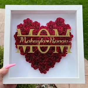 Personalized Flower Heart Shadow Box for Mom,Roses Shadowbox with Names,Custom Frame Gift for Mother's Day,Gift for Mom and Grandma Nana Red