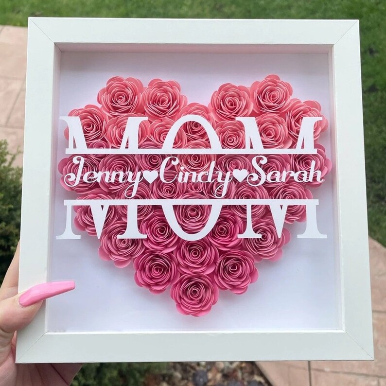 Personalized Flower Heart Shadow Box for Mom,Roses Shadowbox with Names,Custom Frame Gift for Mother's Day,Gift for Mom and Grandma Nana Light Purple