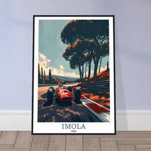 May include: A vintage red racing car speeds down a track with trees lining the sides. The car is in motion, creating a blur effect. The text "IMOLA ITALY" is at the bottom of the image.