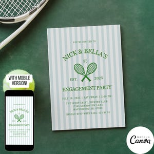 Plantilla de invitación para fiesta de compromiso con temática de tenis, invitación para despedida de soltera en pareja en un club de campo, tarjeta con ilustración dibujada a mano para guardar la fecha, 330