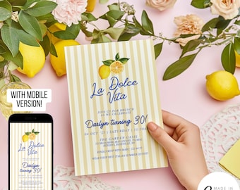 Lemon Citrus Birthday Invitation Template, La Dolce Vita 40th Party Invite, Italian Summer Dinner Celebration Evite, Digital Download 174