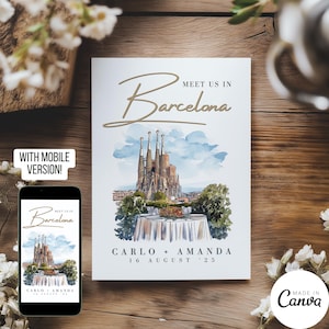 Rendez-vous à Barcelone, modèle Save the Date, invitation numérique de mariage à destination de l'Espagne, illustration aquarelle modifiable carte de pré-mariage 239