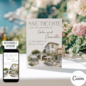 Plantilla para guardar la fecha en el sur de Francia, invitación digital para boda de destino con acuarela, tarjeta de preboda con ilustración de villa castillo n.° 161
