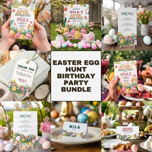 May include: A collection of Easter Egg Hunt Birthday Party stationery, including invitations, a welcome sign, menus, thank you tags, and place cards. Designs feature colourful Easter eggs, flowers, and the text "Mila's Easter Egg Hunt Birthday Party".