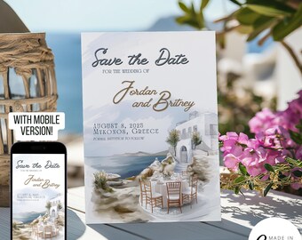 Mediterranean Save the Date Template, Hand Drawn Destination Wedding Digital Invite, Greece themed Illustration Pre-Wedding Invitation Card