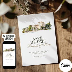 Modello Save the Date del sud della Francia, invito digitale per matrimonio a destinazione con acquerello, illustrazione di una villa in stile castello, biglietto pre-matrimonio 107