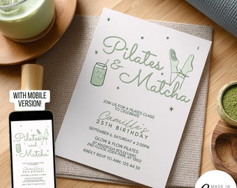 Pilates und Matcha Geburtstagseinladung Vorlage (Digitaler Download) 394