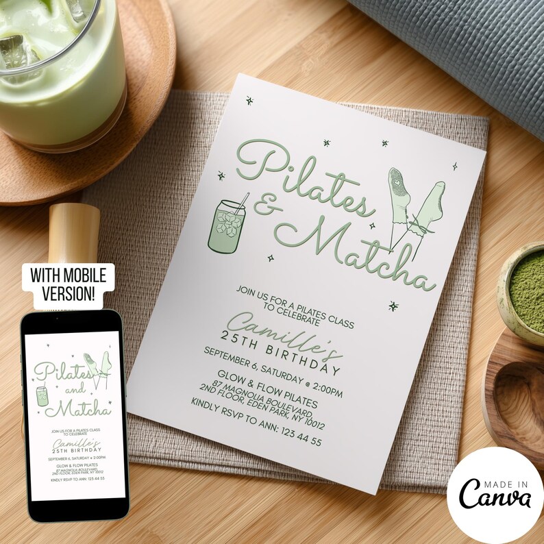 Pilates and Matcha Birthday Invitation Template (digital Download) 394 ...
