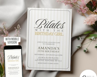 Puede incluir: Una invitación de cumpleaños con temática de Pilates con el texto "Pilates with the Birthday Girl". La invitación incluye detalles para el 25 cumpleaños de Amanda, una clase de Pilates y una versión móvil. El diseño presenta un fondo a rayas.
