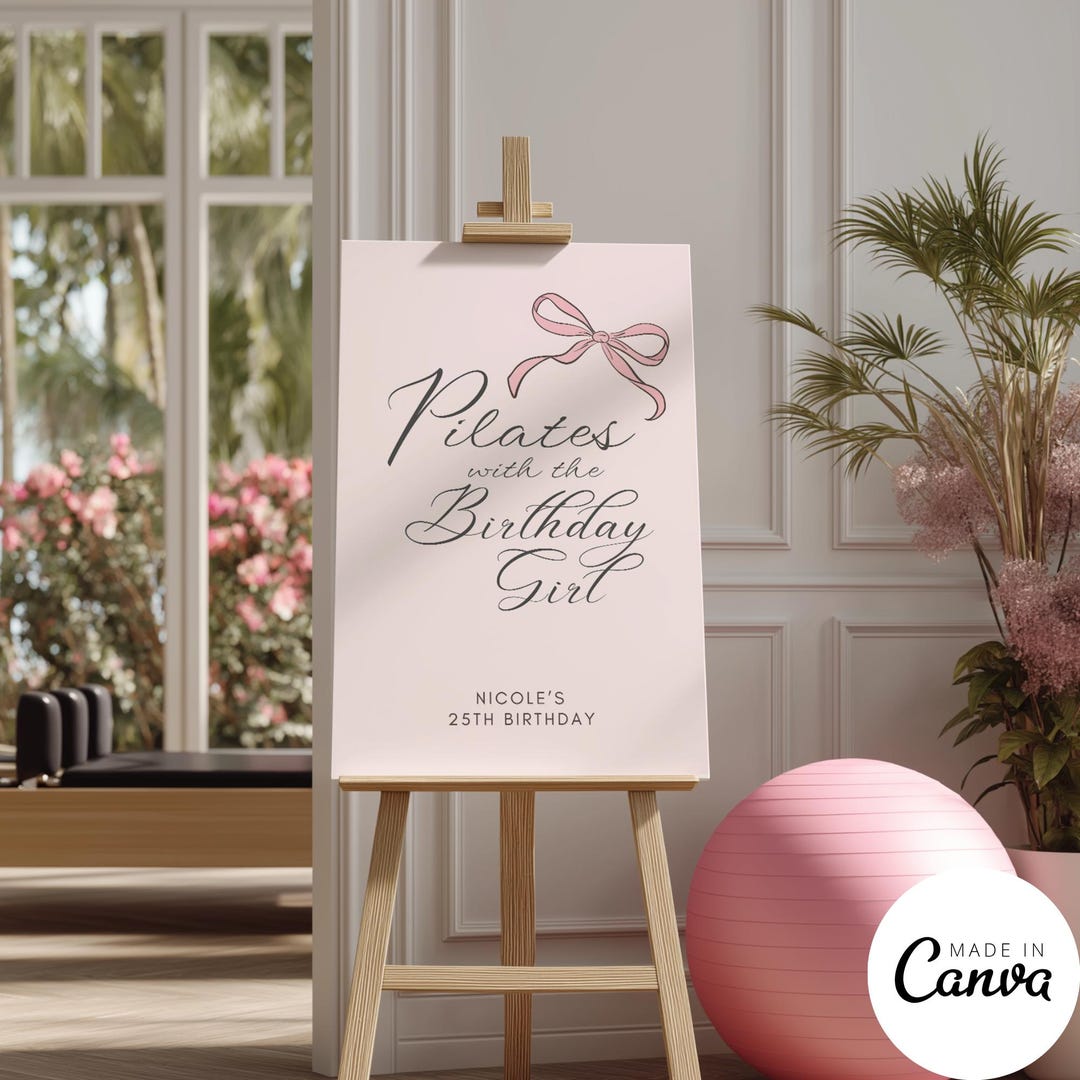 Pilates Class Party Welcome Sign Template, Ribbon Coquette Birthday ...