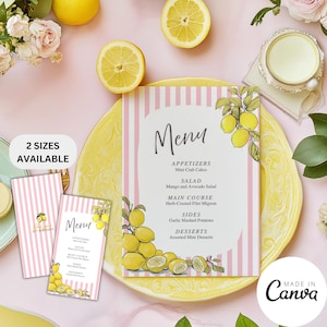 Italienische Sommer Hochzeit Menü Kartenvorlage, Zitrus Zitrone Geburtstag Brunch Menü Brief, Intimes Abendessen Buffet Zeichen, Bearbeitbare Vorlage 301