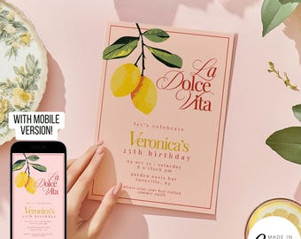 La Dolce Vita Birthday Invitation Template, Citrus Lemon 40th Party Invite, Italian Summer Dinner Celebration Evite, Digital Download 129