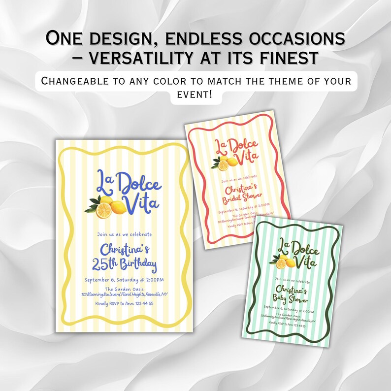 Pu&ograve; includere: Inviti con il testo "La Dolce Vita" e illustrazioni di limoni. Gli inviti sono per un compleanno, un addio al nubilato e un baby shower. Il testo "ONE DESIGN, ENDLESS OCCASIONS - VERSATILITY AT ITS FINEST" &egrave; in alto.