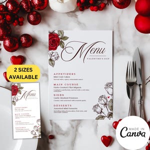 Valentine's Day Restaurant Menu Template, Wedding Menu Card, Galentine's party Lunch Decor, Editable Canva Template, Digital Download, VD13