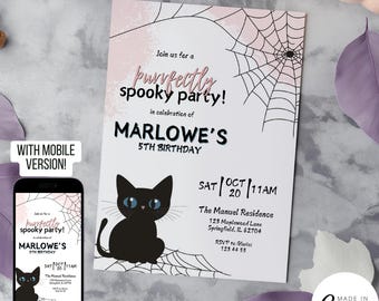 May include: A pink and white Halloween party invitation with a black cat and spider web design. The invitation reads "Join us for a purrfectly spooky party! In celebration of Marlowe's 5th Birthday. Sat Oct 20 11AM. The Manuel Residence 123 Maplewood Lane Springfield, IL 62704. RSVP to Glorias 123 44 55."
