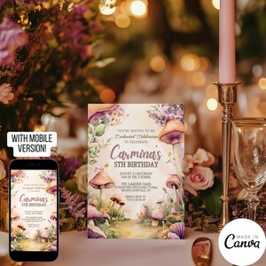May include: A printable invitation for a 5th birthday party with a whimsical mushroom and floral theme. The invitation features a watercolor illustration of mushrooms, flowers, and greenery. The text on the invitation reads "You're invited to an Enchanted Celebration to celebrate Carmina's 5th Birthday".