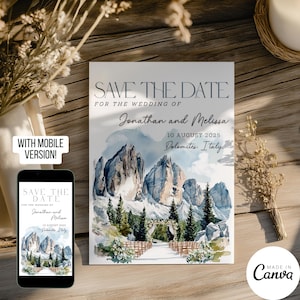 Modèle réservez la date Dolomites, invitation numérique de mariage à destination aquarelle, carte d'invitation pré-mariage illustration fête italienne 240