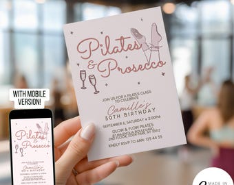 May include: A light pink invitation for a Pilates class and Prosecco event. The invitation includes the text "Pilates & Prosecco" and details for Camille's 30th birthday. A mobile version is also displayed.