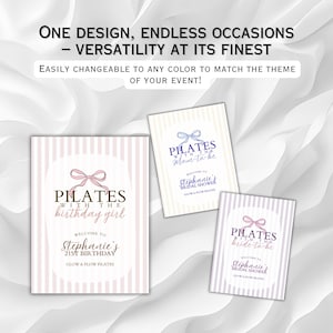 Peut inclure: Trois cartes d'&eacute;v&eacute;nements sur le th&egrave;me du Pilates avec le texte : "Pilates with the birthday girl", "Pilates Mom-to-be", et "Pilates with the bride-to-be". Chaque carte pr&eacute;sente un n&oelig;ud graphique et un fond &agrave; rayures verticales. Le texte "ONE DESIGN, ENDLESS OCCASIONS" est en haut.