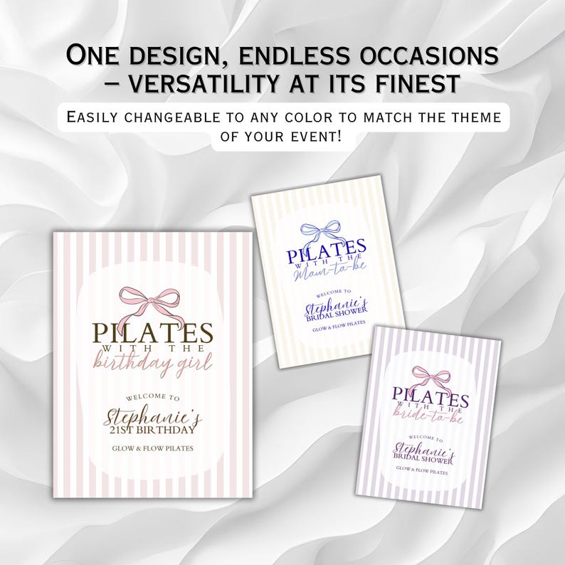 Peut inclure: Trois cartes d'&eacute;v&eacute;nements sur le th&egrave;me du Pilates avec le texte : "Pilates with the birthday girl", "Pilates Mom-to-be", et "Pilates with the bride-to-be". Chaque carte pr&eacute;sente un n&oelig;ud graphique et un fond &agrave; rayures verticales. Le texte "ONE DESIGN, ENDLESS OCCASIONS" est en haut.