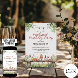 May include: A digital invitation for a backyard birthday party. The invitation features a watercolor illustration of a table with food and drinks, surrounded by greenery and flowers. The text reads "Join us for a Backyard Birthday Party to celebrate Rizza turning 19! March 27, 2025 | Saturday | 7:30 PM 123 Sunny Lane, Mimosa Meadows, Sparkling City Kindly RSVP with Mike: 123-4455"