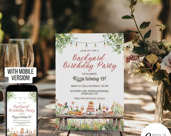 May include: A digital invitation for a backyard birthday party. The invitation features a watercolor illustration of a table with food and drinks, surrounded by greenery and flowers. The text reads "Join us for a Backyard Birthday Party to celebrate Rizza turning 19! March 27, 2025 | Saturday | 7:30 PM 123 Sunny Lane, Mimosa Meadows, Sparkling City Kindly RSVP with Mike: 123-4455"