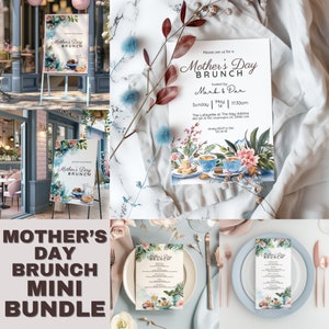Pakiet szablonów na brunch na dzień matki, zaproszenie na obchody dnia matki, tabliczka powitalna na przyjęcie herbaciane dla żony, karta menu lunchowego, MTH1
