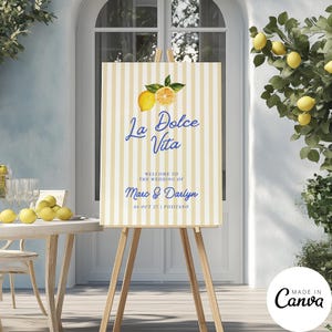 Modello di cartello di benvenuto per la cena di prova al limone e agrumi, poster italiano per il ricevimento pre-matrimonio, decorazione modificabile del ristorante La Dolce Vita, 174