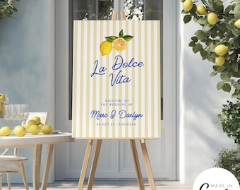Szablon powitalnego znaku z cytryną na próbną kolację, włoski plakat na przyjęcie przedślubne, edytowalna dekoracja restauracji La Dolce Vita, 174